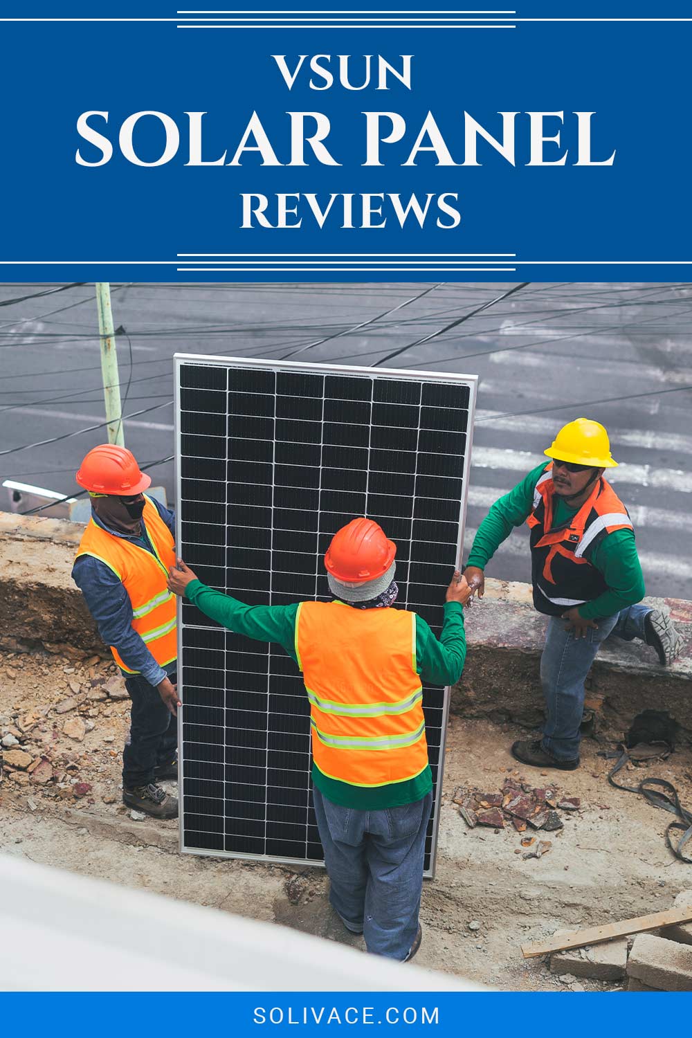 Three workers handling a solar panel on the roof of a building near road - Vsun Solar Panel Reviews.